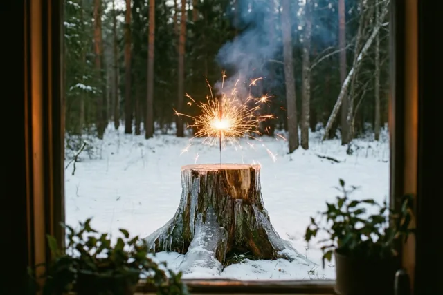 Door een donker houten raam met kamerplanten is een brandend sterretje op een besneeuwde boomstronk in een winters bos te zien.