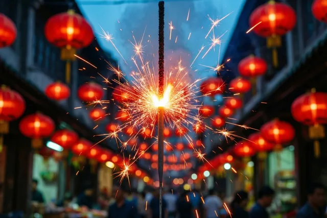 Een brandend sterretje verspreidt feloranje vonken midden in een straat met rode lantaarns, met een blauwe hemel in de nacht erboven.
