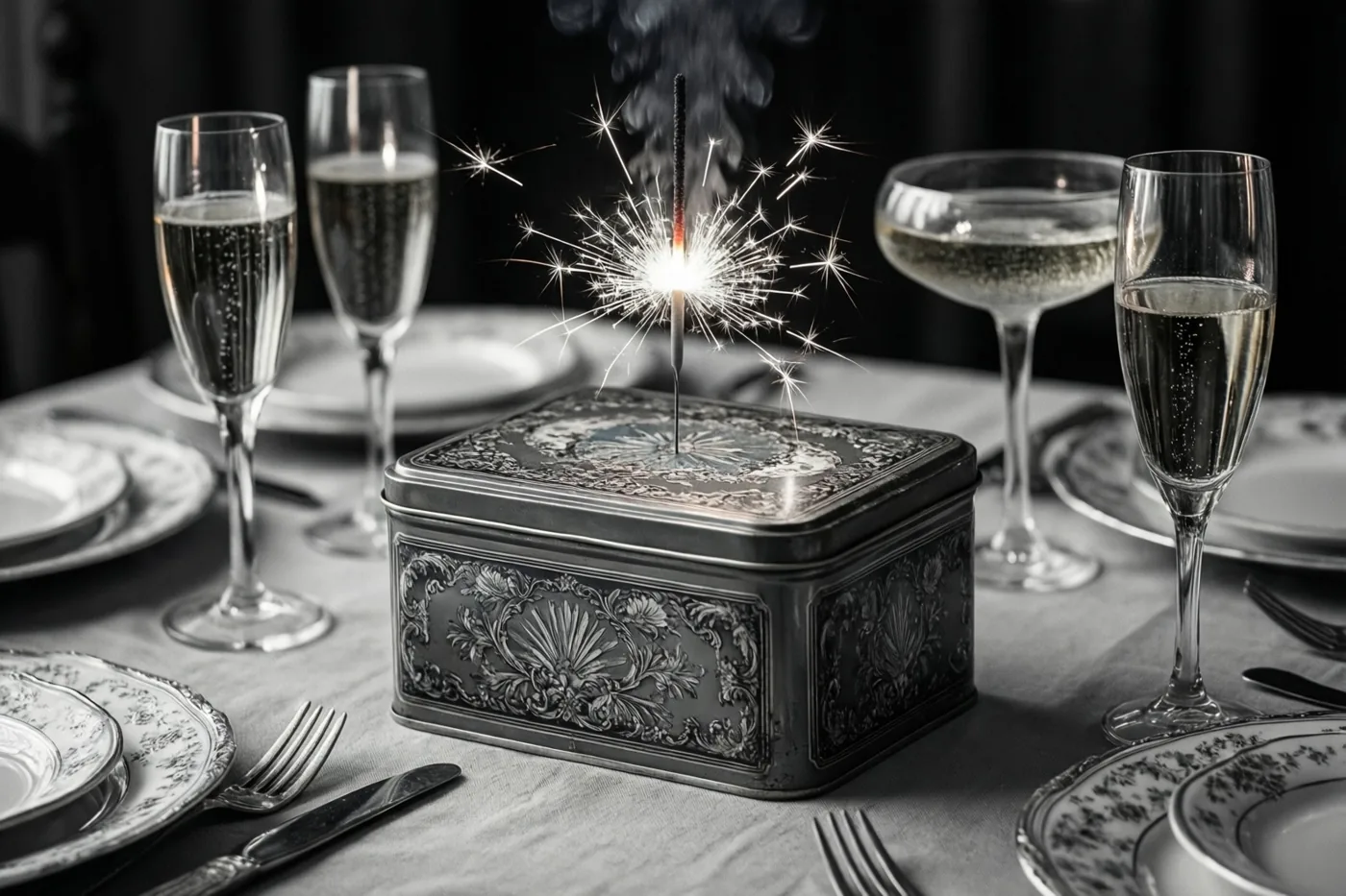 Een versierd oud blik met een brandend sterretje in het deksel staat midden op een feestelijk gedekte tafel met champagnecoupes en fijn porselein.