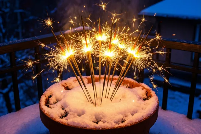 Brandende sterretjes verspreiden gouden vonken vanuit een besneeuwde terracotta bloempot op een balkon met een houten leuning tegen een donkerblauwe nachtelijke achtergrond.