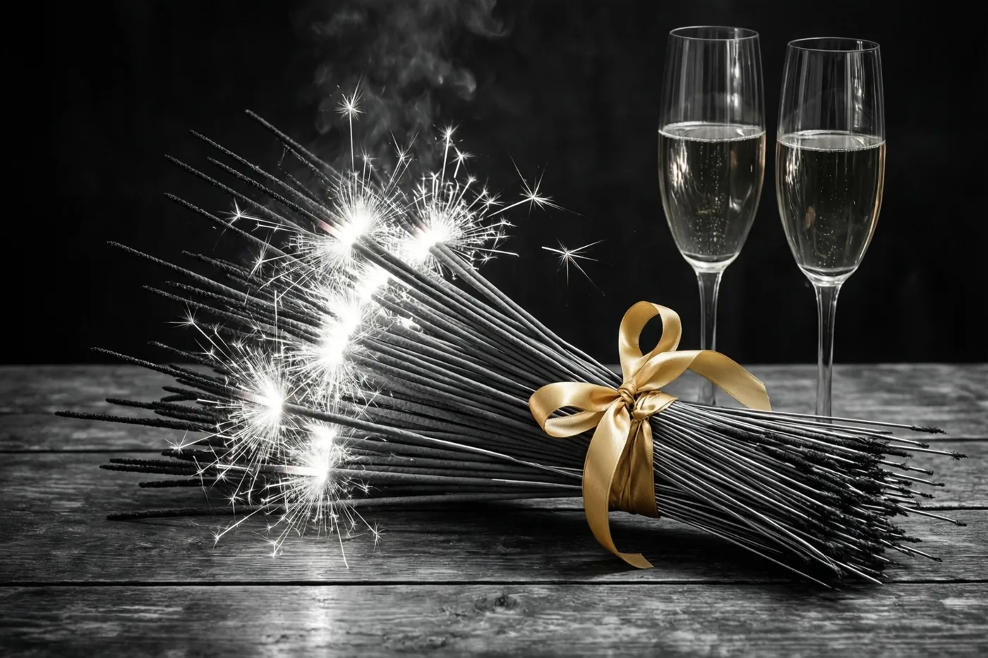 Een bundel niet-brandende sterretjes met een gouden lint ligt op een houten ondergrond naast twee champagneglazen tegen een donkere achtergrond.
