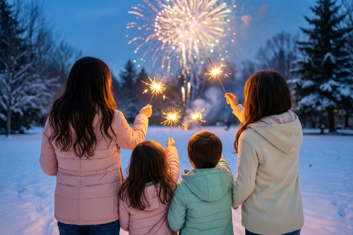 Een gezin van vier staat met de rug naar de kijker op een besneeuwd grasveld, elk met een brandend sterretje naar het vuurwerk boven een koelblauw winterlandschap.