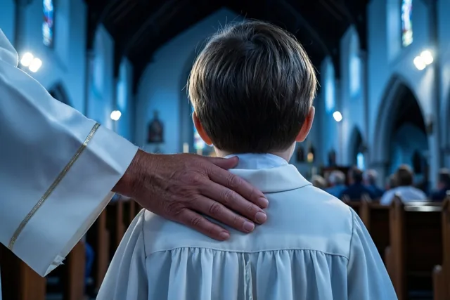 Een peter of meter legt van achteren gezien een hand op de schouder van een kind in een wit gewaad, in een kerk met blauwe tinten en warme lichtaccenten.