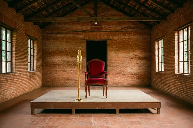 Een rode fluwelen stoel en een gouden staf staan centraal op een houten podium in een rode bakstenen schoolzaal met natuurlijk licht uit de ramen.