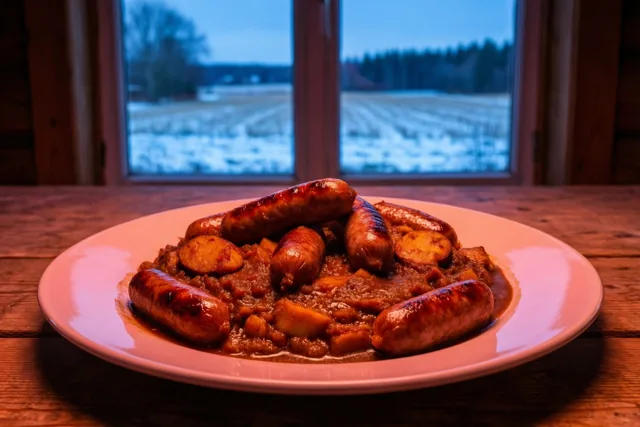 Een bord stoemp met worsten staat in warm licht op een houten boerderijtafel, met besneeuwde velden achter het raam.