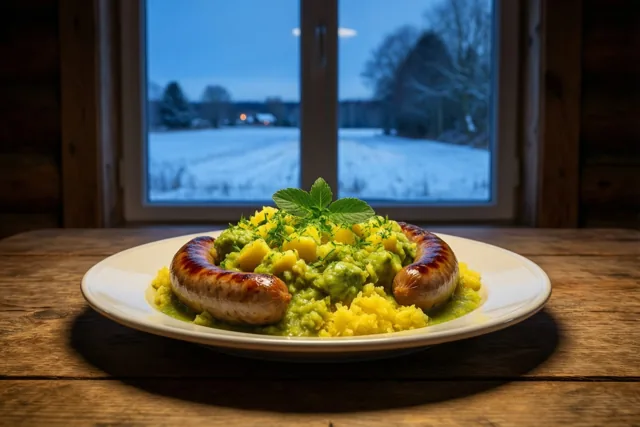 Een bord stoemp met worst staat in warm licht op een houten boerderijtafel, met besneeuwde velden zichtbaar door het raam.