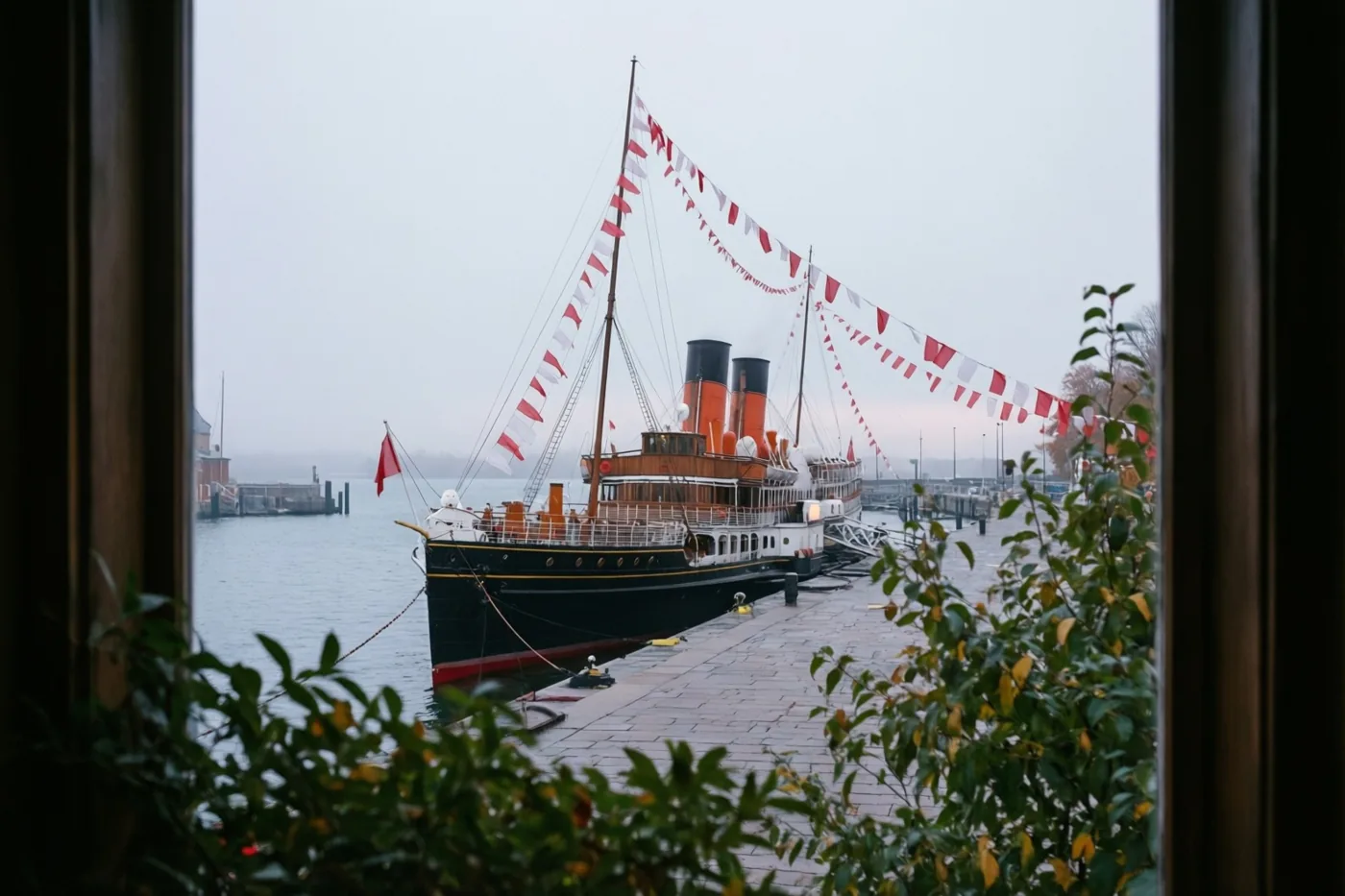 Door een raam met groen op de voorgrond is een aangemeerde stoomboot met oranje schoorstenen en rode en witte vlaggen te zien aan een kade op een grijze ochtend.