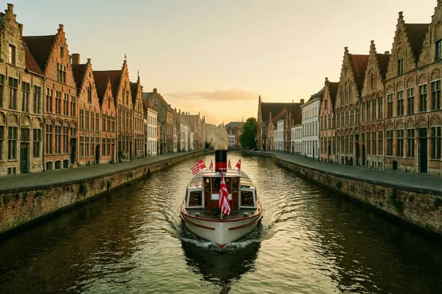 Een stoomboot met rode en witte vlaggen vaart bij schemering langs historische Vlaamse gebouwen, terwijl goudkleurig licht op het water weerspiegelt.