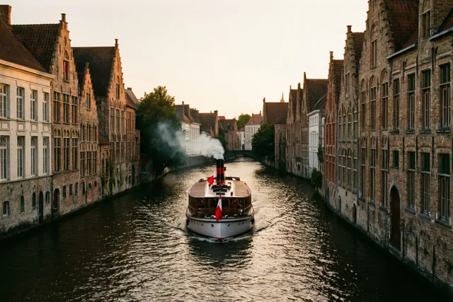 Een stoomboot met rode en witte vlaggen vaart in warm goudkleurig avondlicht over een kanaal langs historische Vlaamse gebouwen.