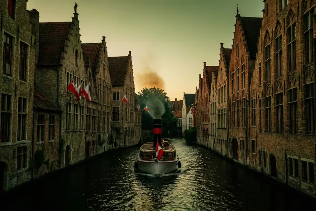 Een stoomboot met rode en witte vlaggen vaart bij schemering door een smal kanaal tussen historische bakstenen gebouwen, met de avondhemel weerspiegeld in het donkere water.