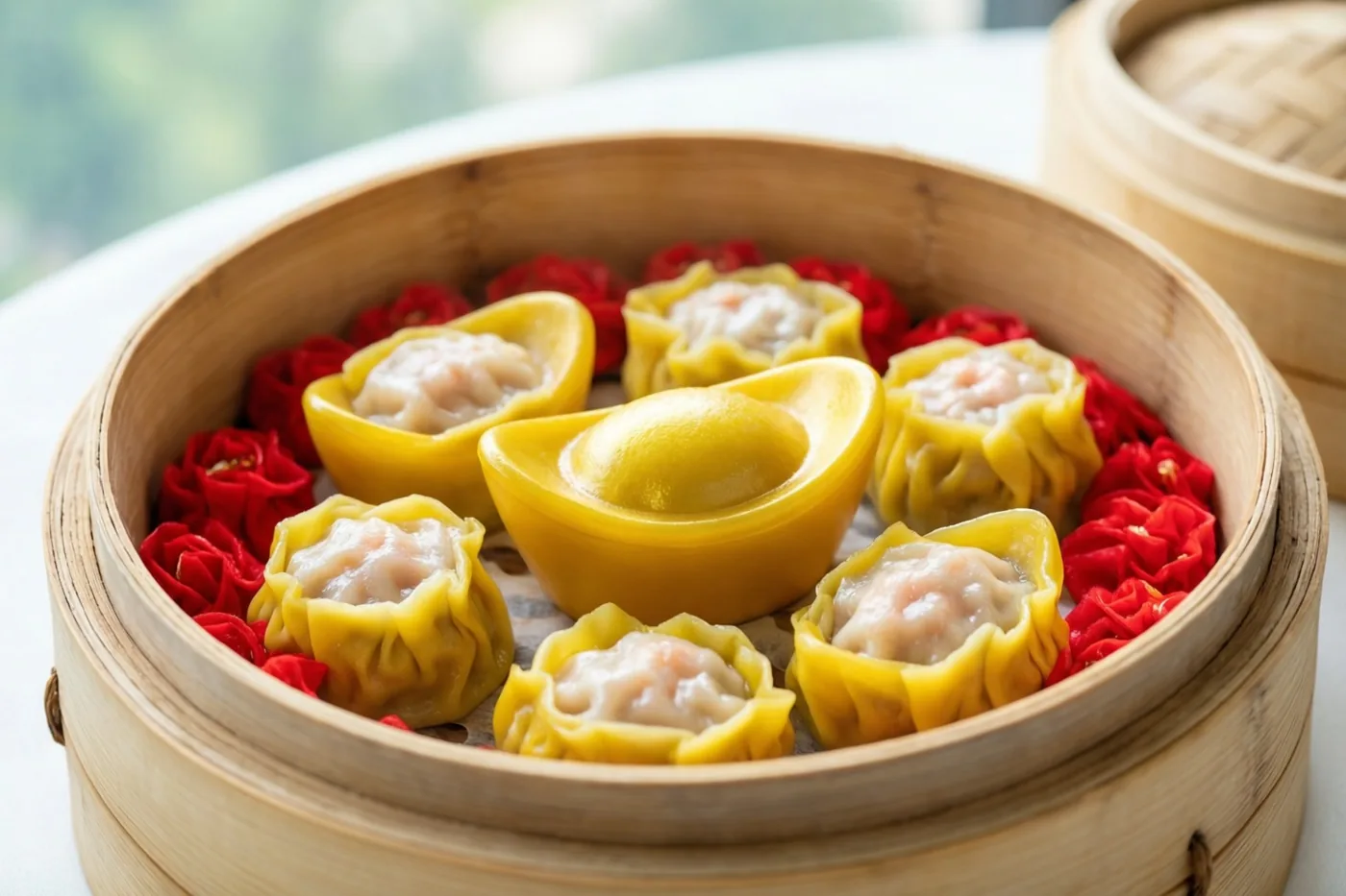 Een bamboe stoommandje met dumplings in de vorm van goudstaven en gewone dumplings staat tussen rode versieringen op een witte ondergrond in zacht daglicht.