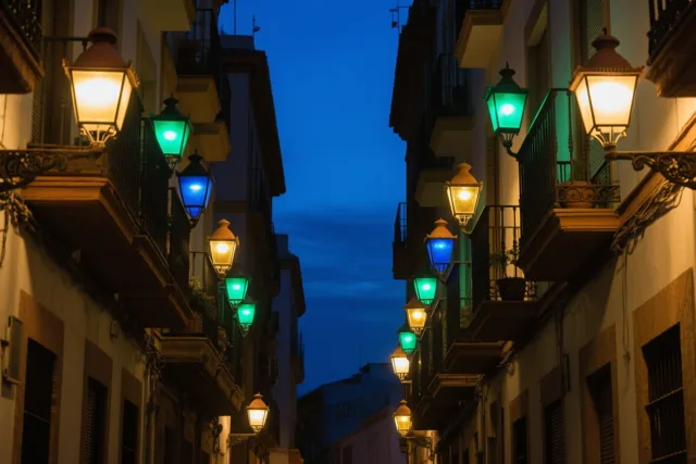 Een smalle straat met balkons vol gloeiende lantaarns is verlicht in gele en groene tinten onder een diepblauwe schemerhemel.