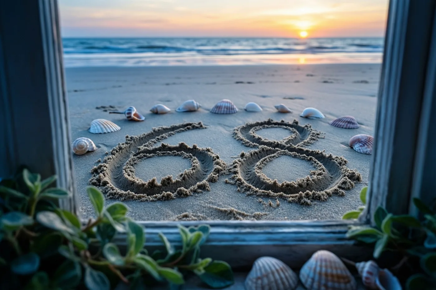 Door een raamkozijn met groen onderaan is een strand bij zonsondergang te zien, met het getal 68 in het zand en schelpen eromheen.