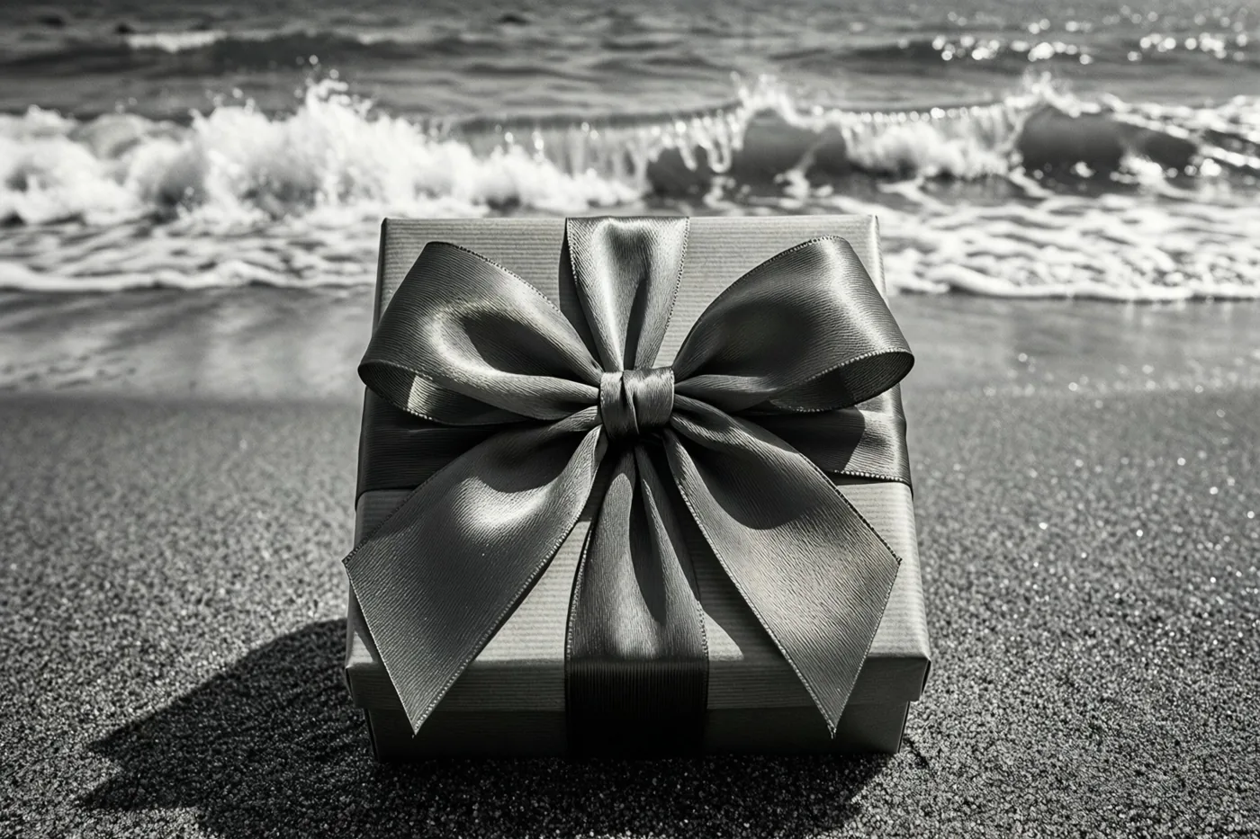 Een ingepakte geschenkdoos met een grote strik staat op een zandstrand voor aanrollende golven, in zwart-wit.