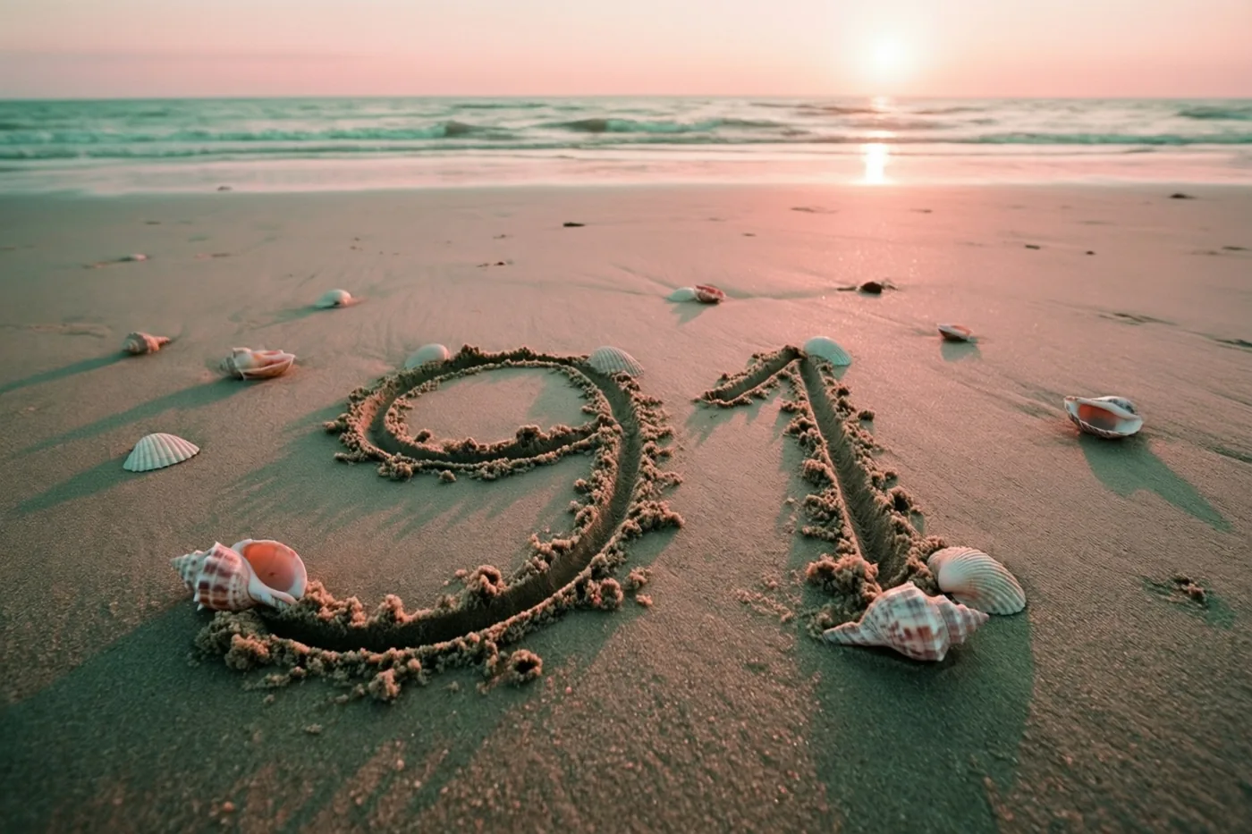 Het getal 91 is in het strandzand getekend tussen verspreide schelpen, met een kalme zee in roze en oranje avondlicht.