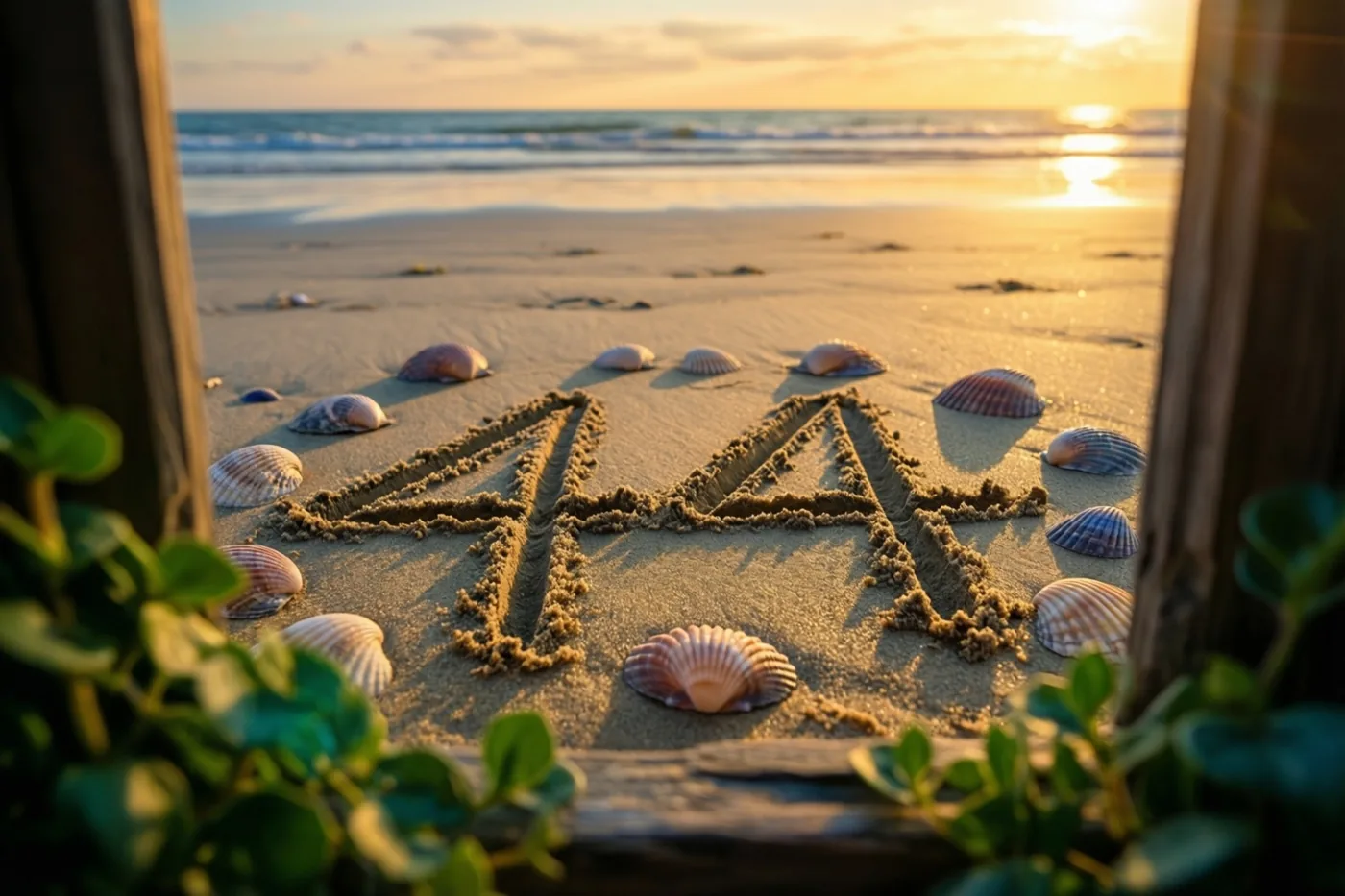 Door een houten kader met groen op de voorgrond is 44 in het strandzand te zien tussen schelpen, met de zee in goudkleurig zonsonderganglicht op de achtergrond.