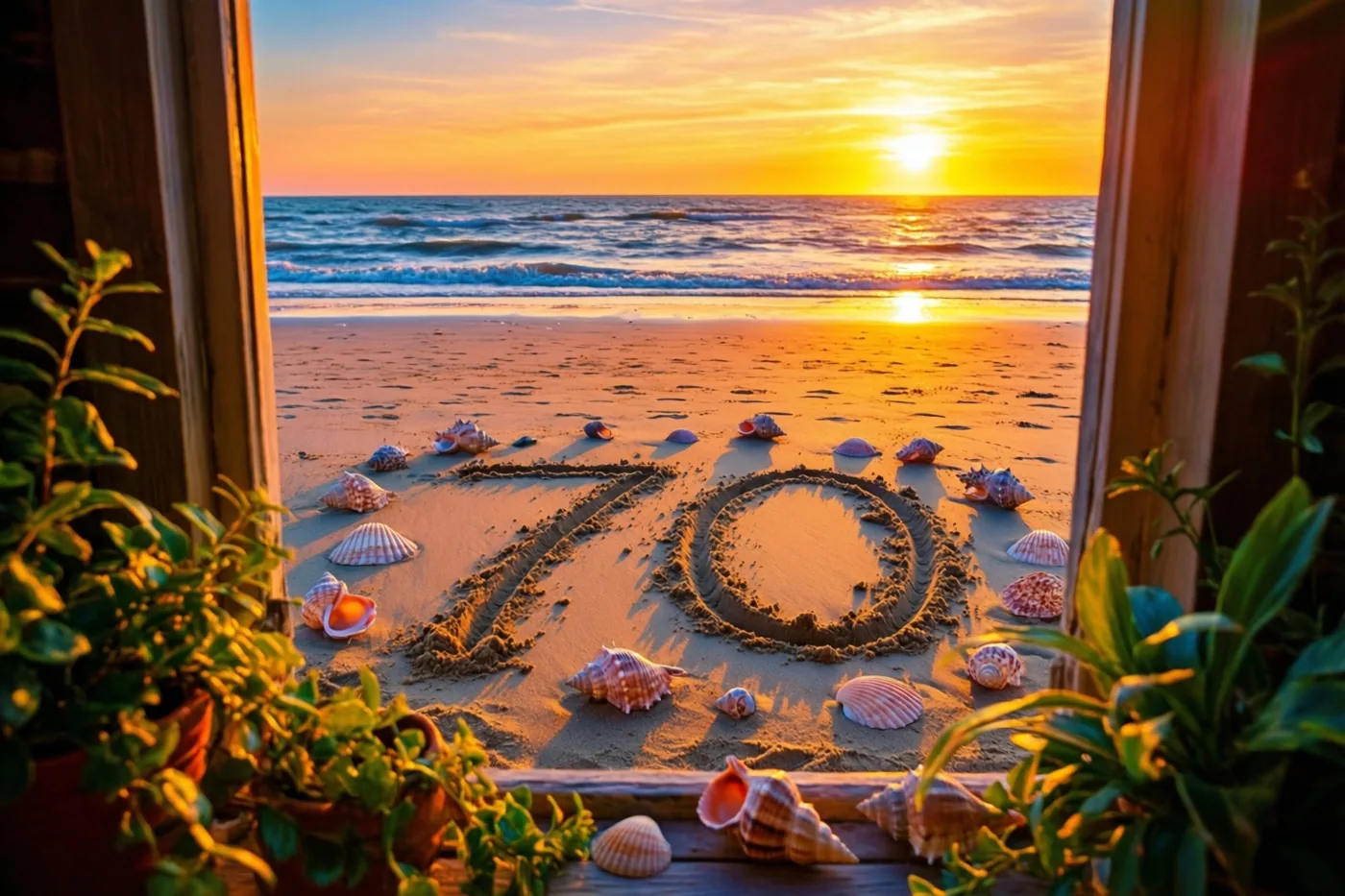 Door een houten raam met potplanten aan weerszijden is een strand bij zonsondergang te zien, met 70 in het zand en schelpen eromheen.