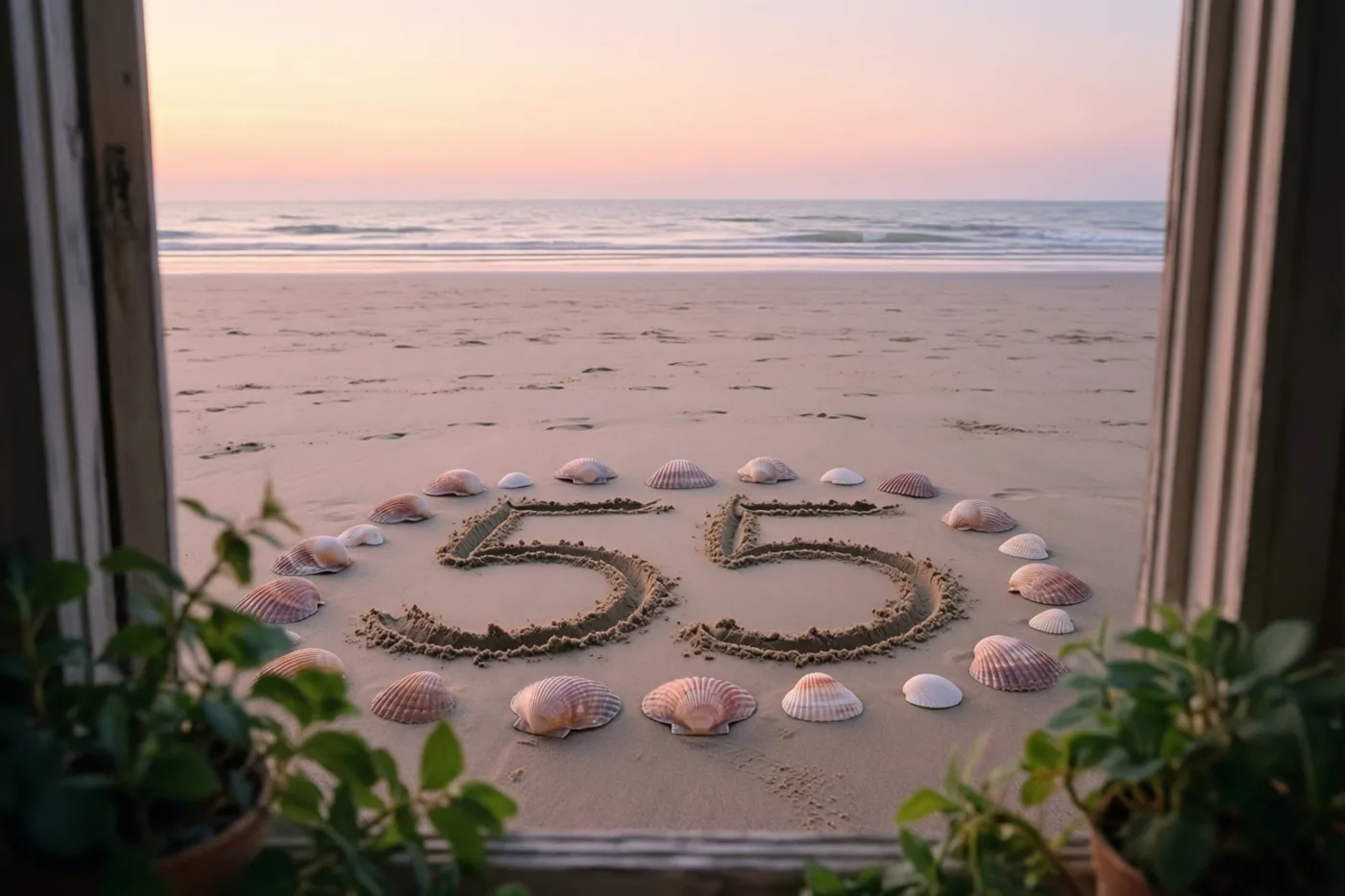 Door een raam met potplanten op de voorgrond is 55 in het strandzand tussen schelpen te zien, met rustige golven onder een roze-oranje avondlucht.
