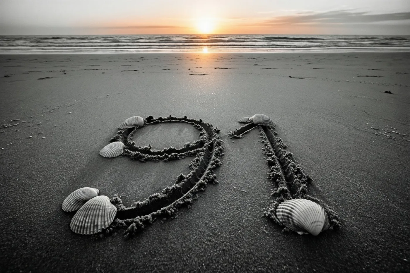 Het getal 91 staat tussen schelpen in het strandzand op een zwart-witbeeld met een oranje gloed van de ondergaande zon aan de horizon.