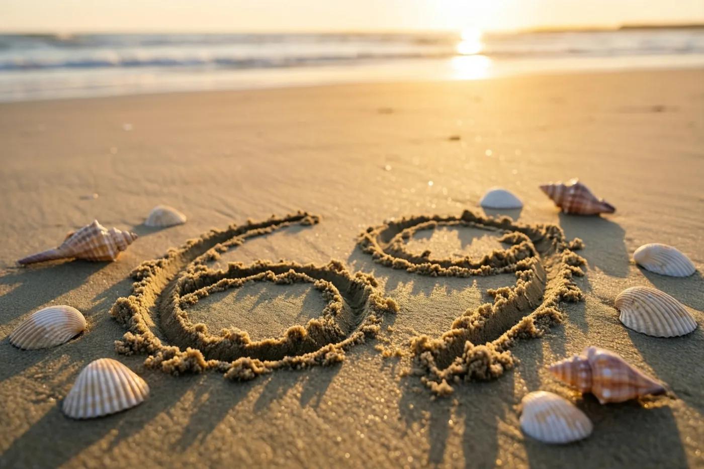 Het getal 69 staat in het strandzand tussen schelpen, met de zee op de achtergrond in het warme gouden licht van de zonsondergang.