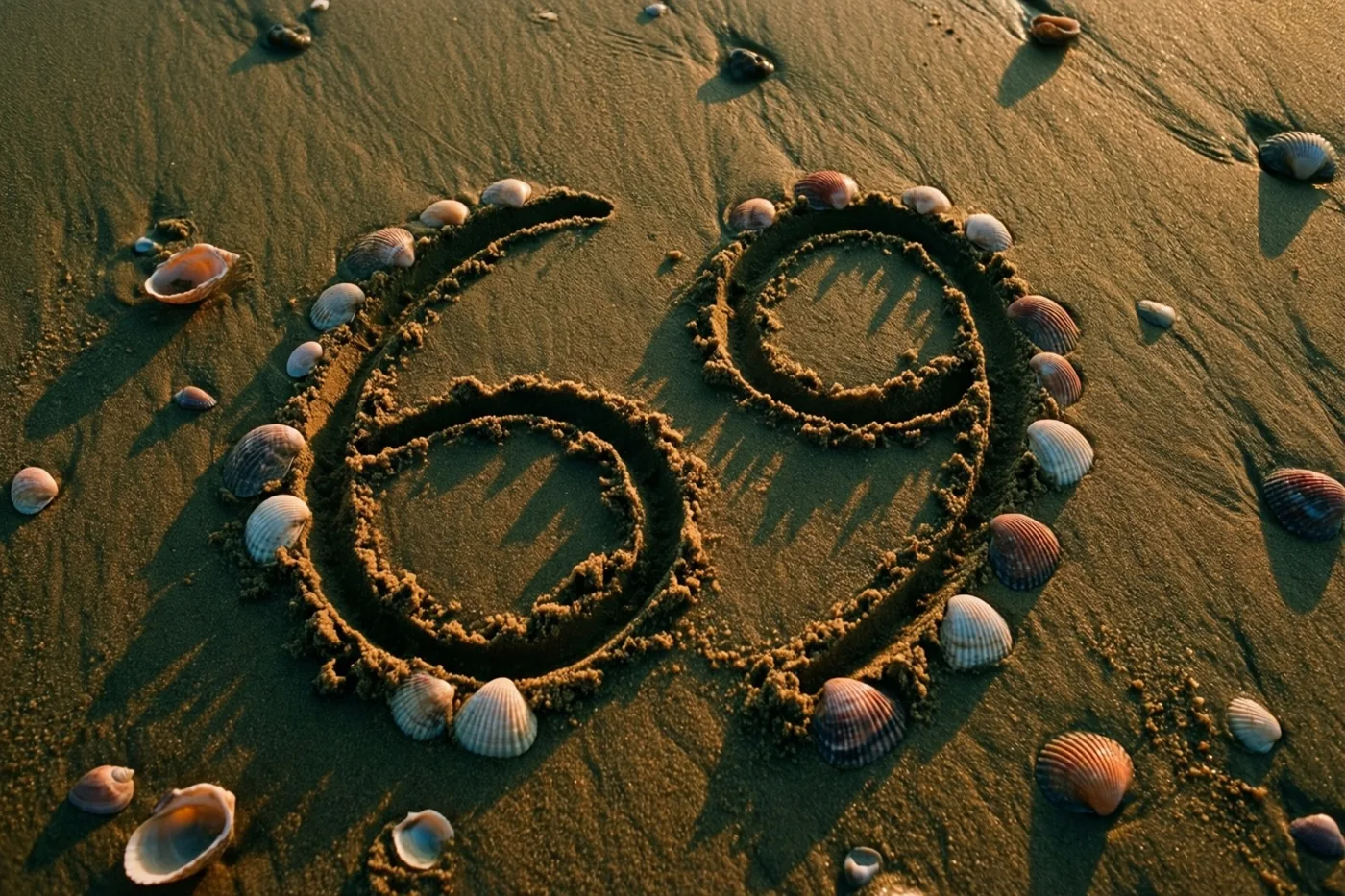 Het getal 69 is in het zand op een strand getekend tussen verspreide schelpen, in het gouden licht van de zonsondergang.
