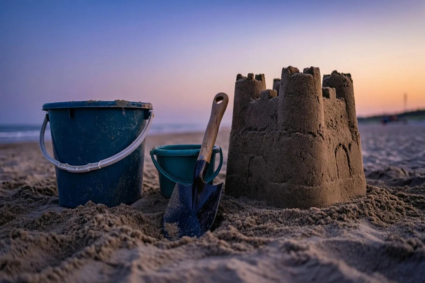 Een grote blauwe emmer, een kleinere blauwgroene emmer en een schepje staan in het zand naast een halfgebouwd zandkasteel bij zonsondergang.