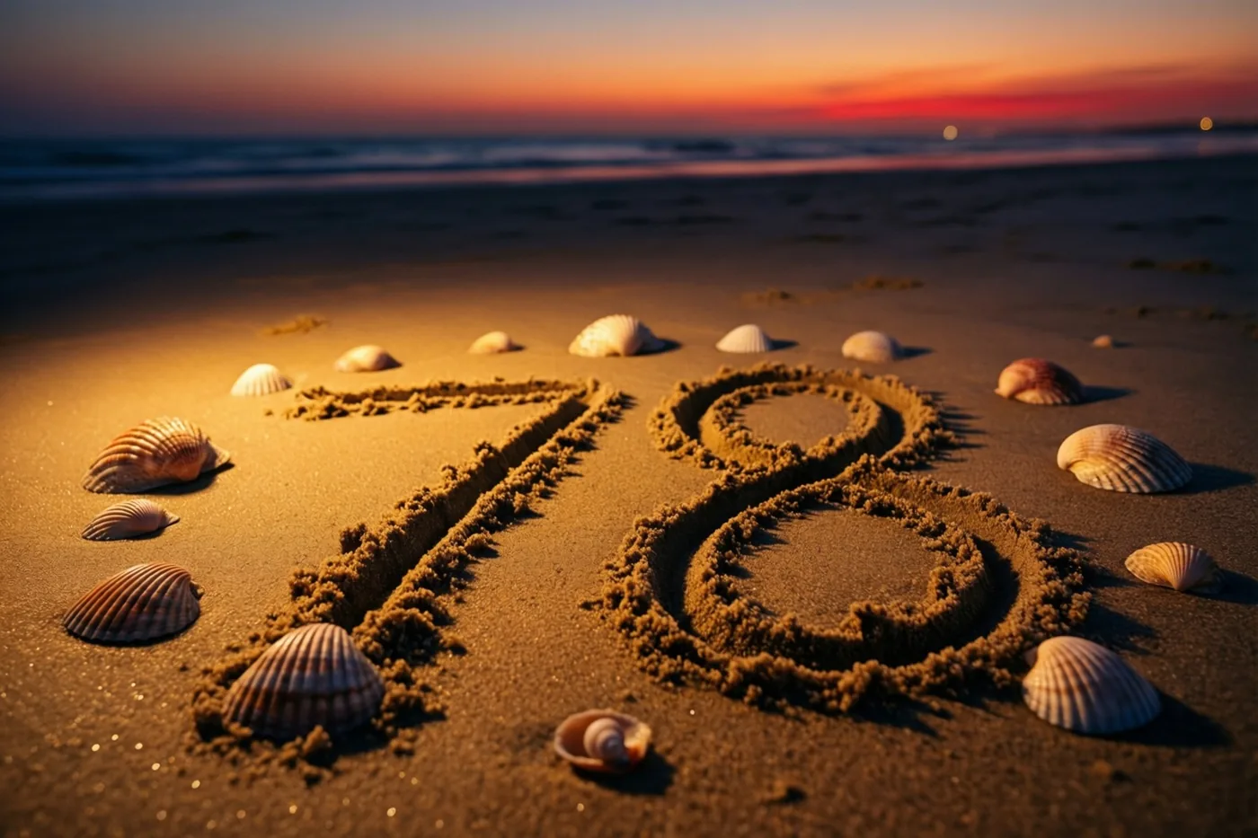 Het getal 78 staat in het strandzand tussen verspreide schelpen, in het oranje en gouden licht van de zonsondergang.