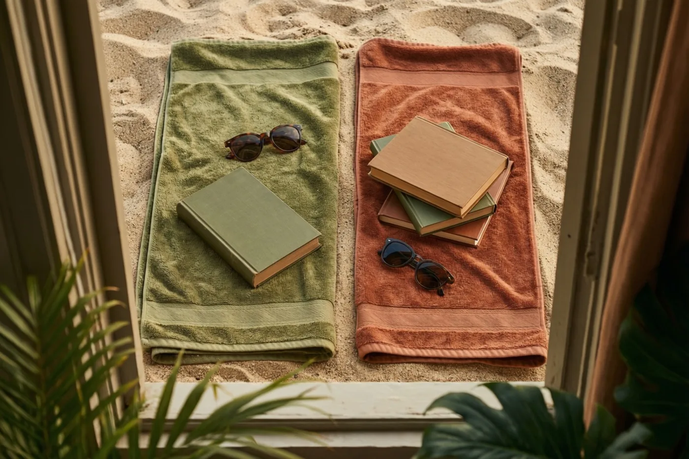 Door een raamkozijn met tropische planten op de voorgrond zijn een groene en een terracottakleurige opgevouwen strandhanddoek te zien op het zand, elk met een zonnebril en een boek.