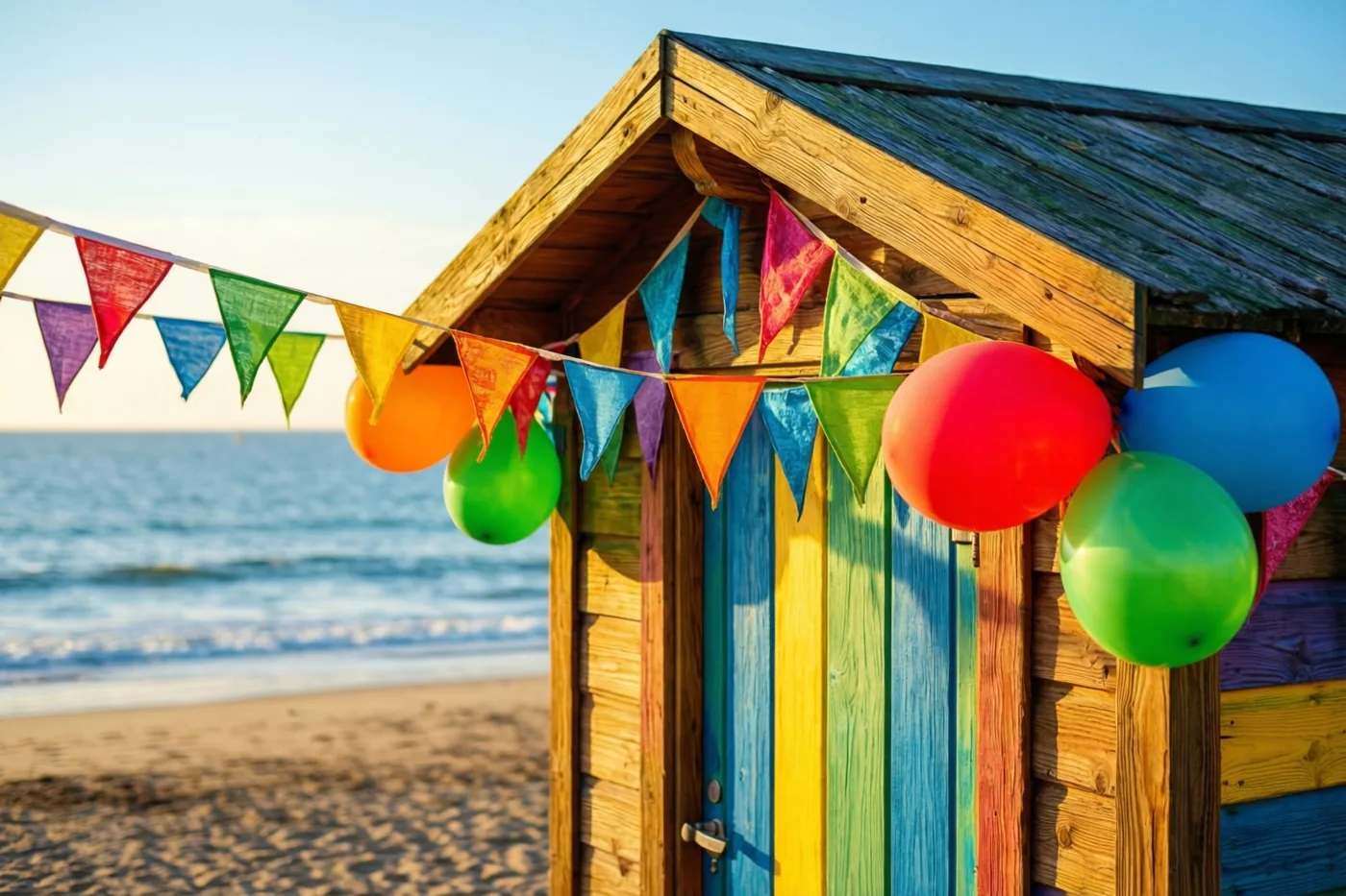 Een kleurrijk houten strandhuisje met regenboogkleurige vlaggenlijnen en ballonnen staat op een zandstrand met de zee erachter, in vooral blauwe, groene en gele tinten.