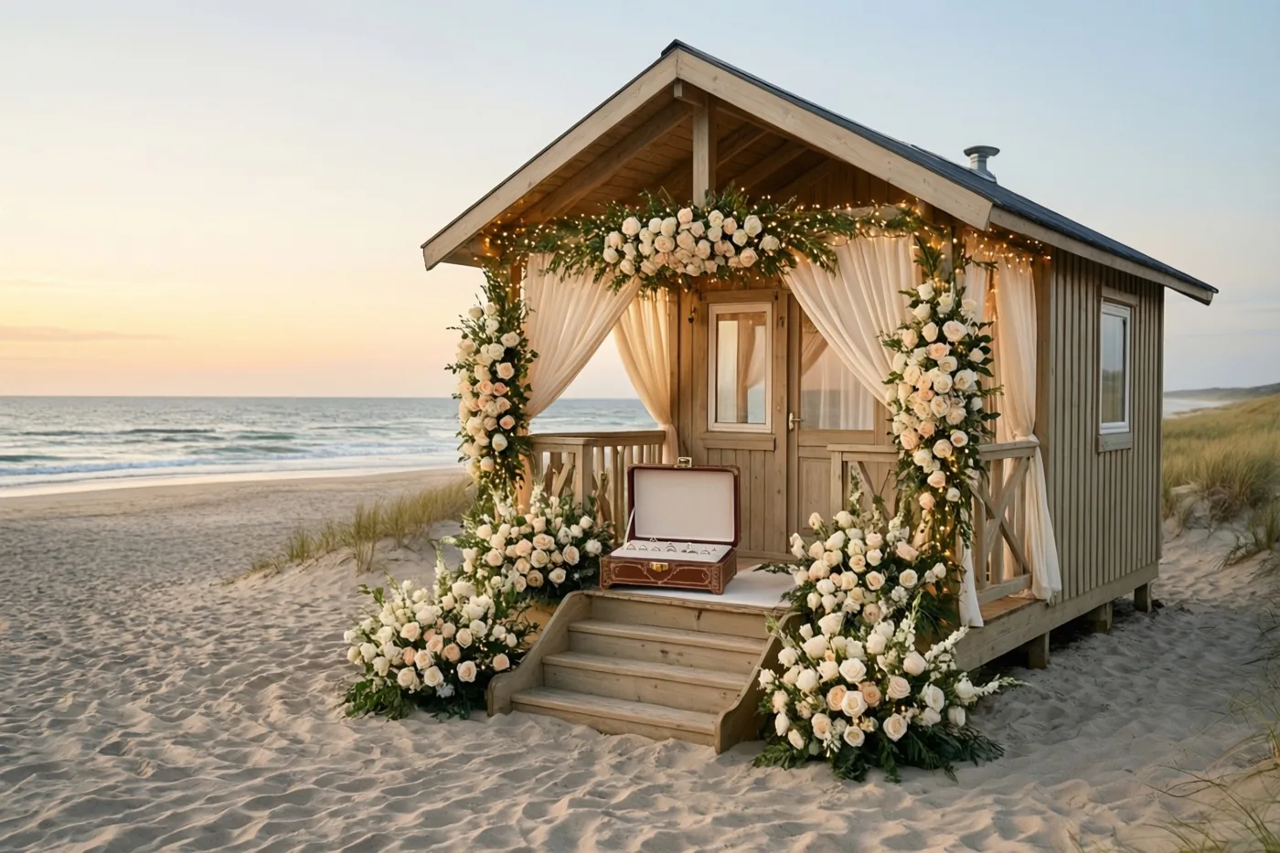 Een houten strandhuisje is versierd met witte en crèmekleurige rozen en lichtslingers, met een open ringdoosje op de treden en de zee op de achtergrond bij zonsondergang.