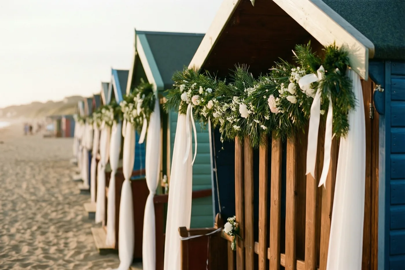 Een rij houten strandhuisjes langs een zandstrand is versierd met groene slingers en witte linten in warm goudkleurig licht.