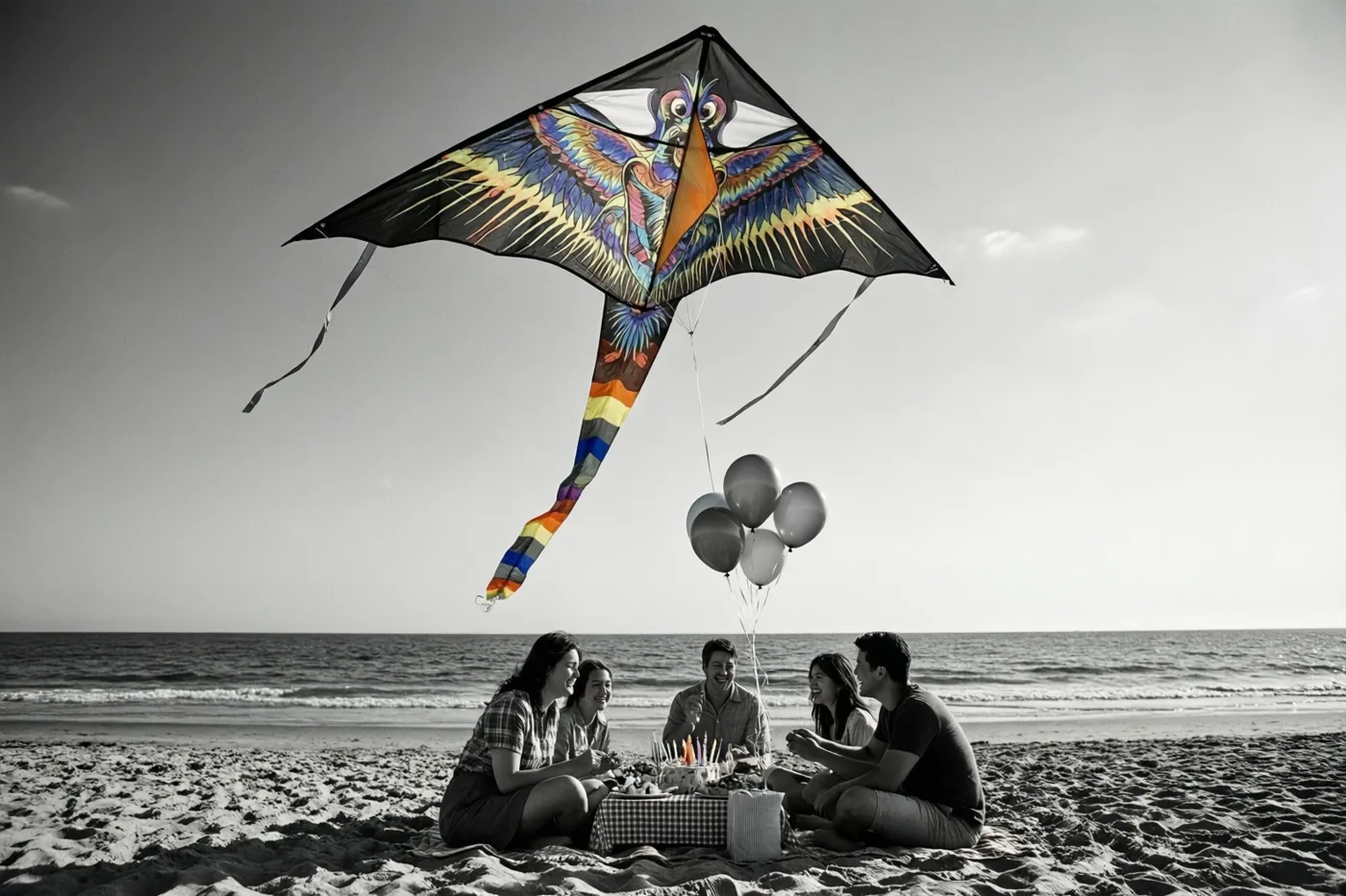 Vijf mensen picknicken op een zandstrand onder een grijze lucht, met een kleurrijke vogelvlieger en ballonnen boven een verder grotendeels zwart-wit tafereel.