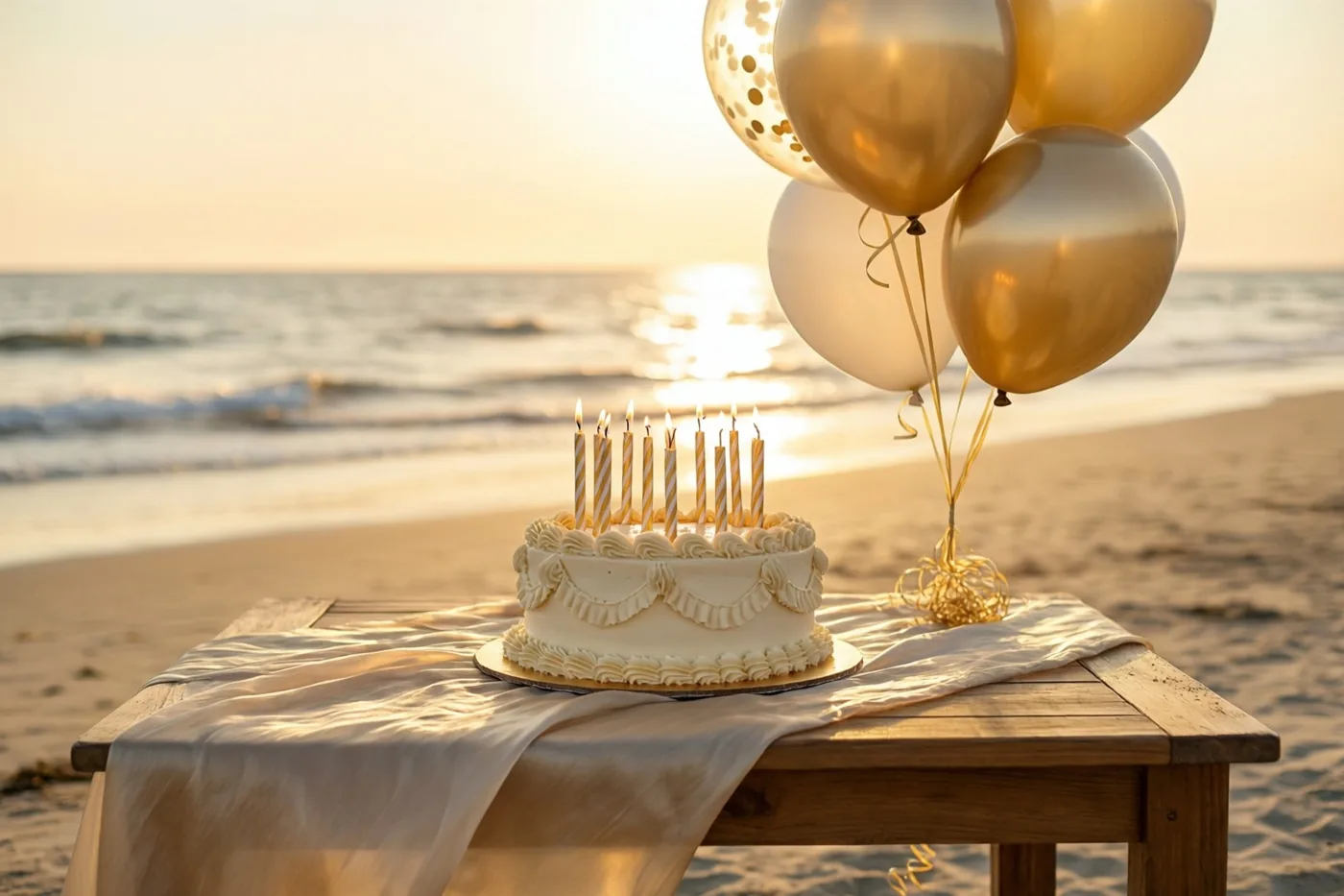 Een verjaardagstaart met brandende kaarsen staat op een houten tafel met een wit tafelkleed op het strand bij zonsondergang, met gouden en witte ballonnen ernaast.