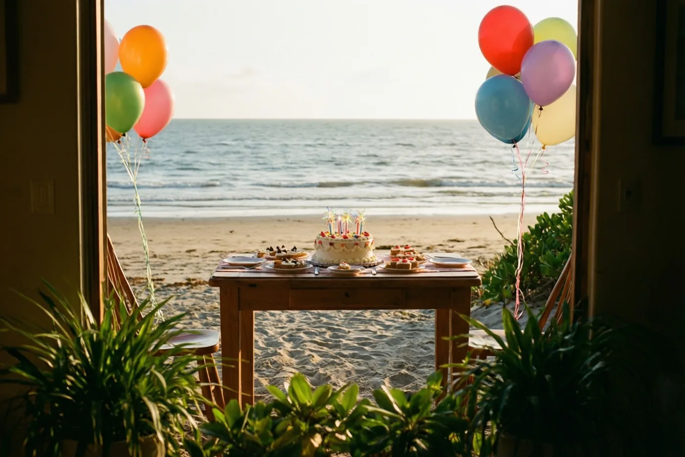 Een houten tafel met een verjaardagstaart en gebak staat bij eb op een zandstrand tussen kleurrijke ballonnen, met de zee op de achtergrond in warm goudkleurig licht.