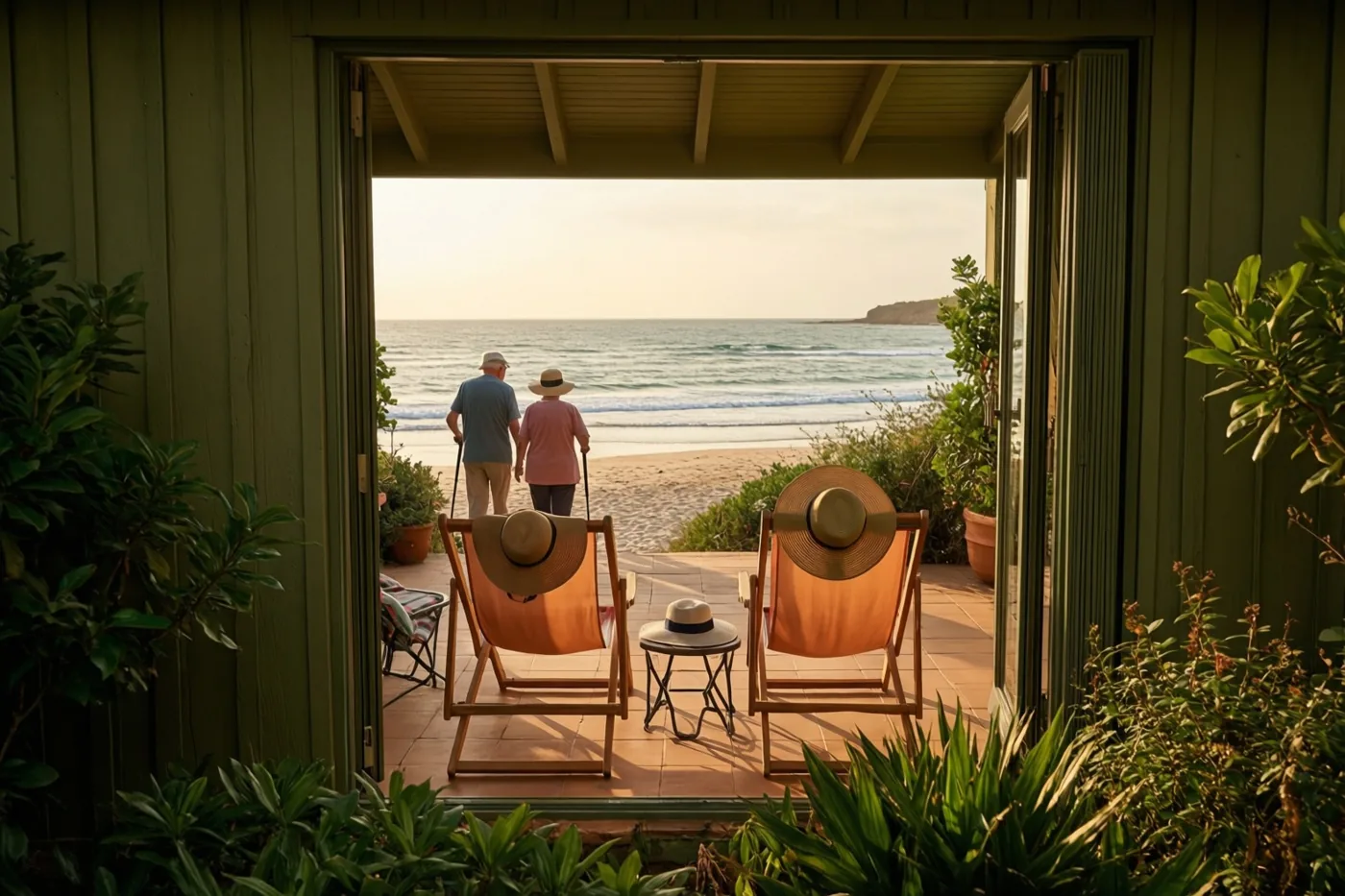 Een ouder koppel wandelt hand in hand op het strand in warm goudkleurig licht, gezien vanaf een houten terras met twee lege ligstoelen en zonnehoeden.