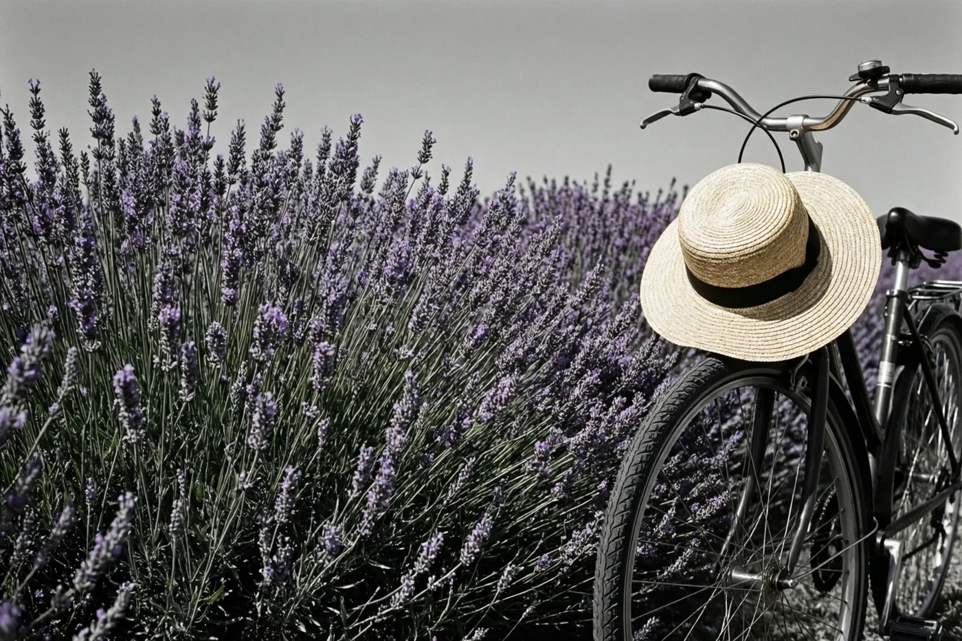 Een fiets met een strohoed aan het stuur staat naast bloeiende lavendel onder een hemel in zachte tinten, met vooral paars, groen en beige in het beeld.