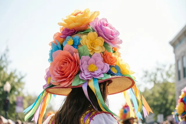 Een persoon draagt van achteren gezien een grote strohoed met forse papieren bloemen en gekleurde linten, met vooral geel, roze en blauw in beeld.