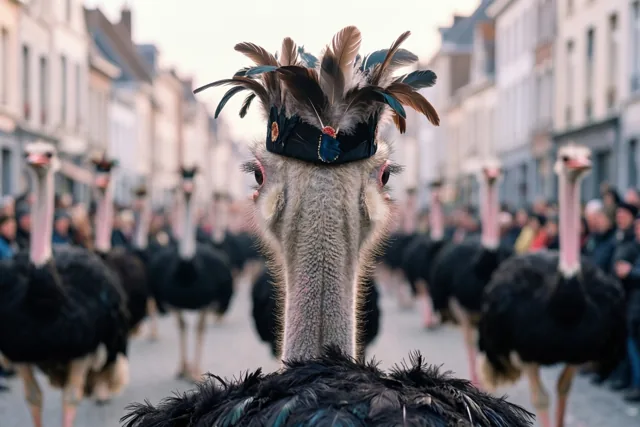 Een struisvogel met een verenhoed is van achteren te zien aan het hoofd van een stoet met andere struisvogels en toeschouwers in een straat met gebouwen.