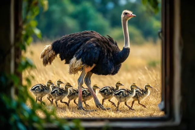 Een mannetjesstruisvogel met donkere veren en lange poten leidt gestreepte kuikens door droog goudkleurig gras, gezien door een houten opening met groen langs de randen.