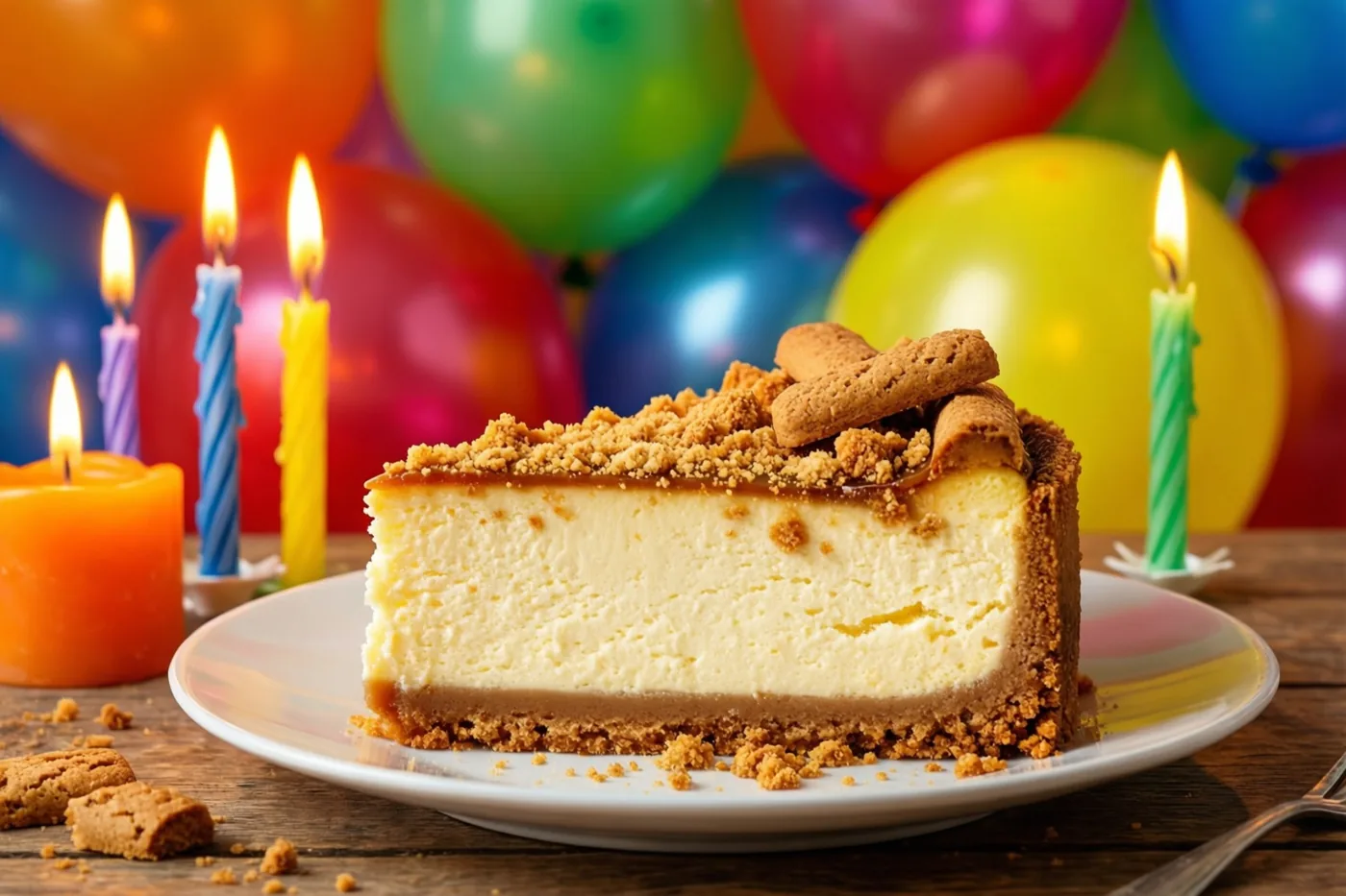 Een stuk speculooskaastaart met een kruimelige koekjesbodem staat op een wit bord op een houten tafel, omringd door brandende verjaardagskaarsjes en kleurrijke ballonnen op de achtergrond.