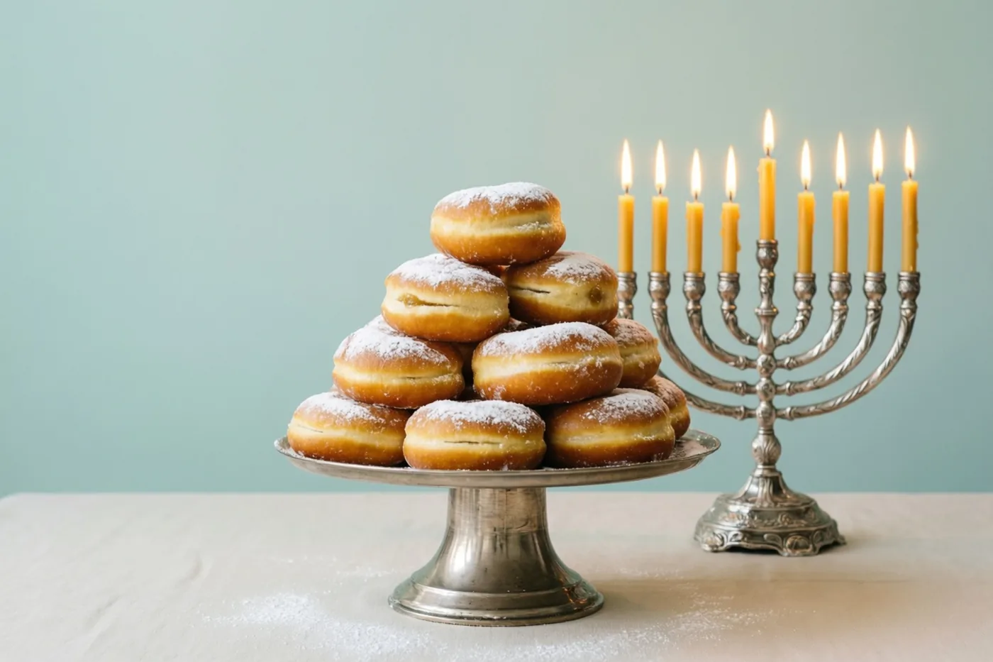 Een piramide van goudkleurige sufganiyot met bloemsuiker staat op een zilveren taartstaander naast een zilveren kandelaar met negen brandende kaarsen, op een wit tafelkleed tegen een zacht blauwgroene achtergrond.