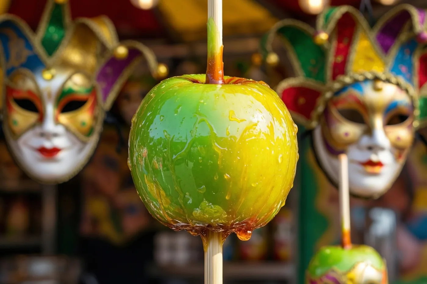 Een glanzende suikerappel op een stokje staat voor onscherpe kleurrijke carnavalsmaskers, in een beeld met groene, gele en rode tinten.