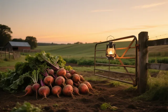 Suikerbieten met groene bladeren liggen op donkere aarde bij een metalen hek met een brandende lantaarn, onder een oranje en blauwe avondlucht.
