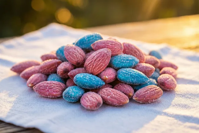 Een hoopje roze en blauwe suikerbonen ligt op wit linnen in warm, goudkleurig zonlicht, met een zacht onscherpe achtergrond.