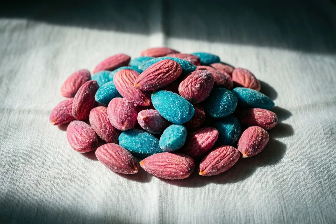 Roze en blauwe suikerbonen liggen op wit linnen in fel gericht licht, met scherpe schaduwen en een duidelijk zichtbare suikerlaag.