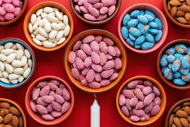 Op een rode ondergrond staan schaaltjes met witte, roze en blauwe suikerbonen rond een witte doopkaars.