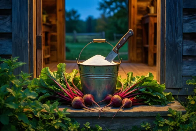 Een oude blikken emmer met witte suiker en een snijmes staat op een houten boerderijtrede tussen suikerbieten met groene bladeren en rode stelen, in warm schemerlicht.