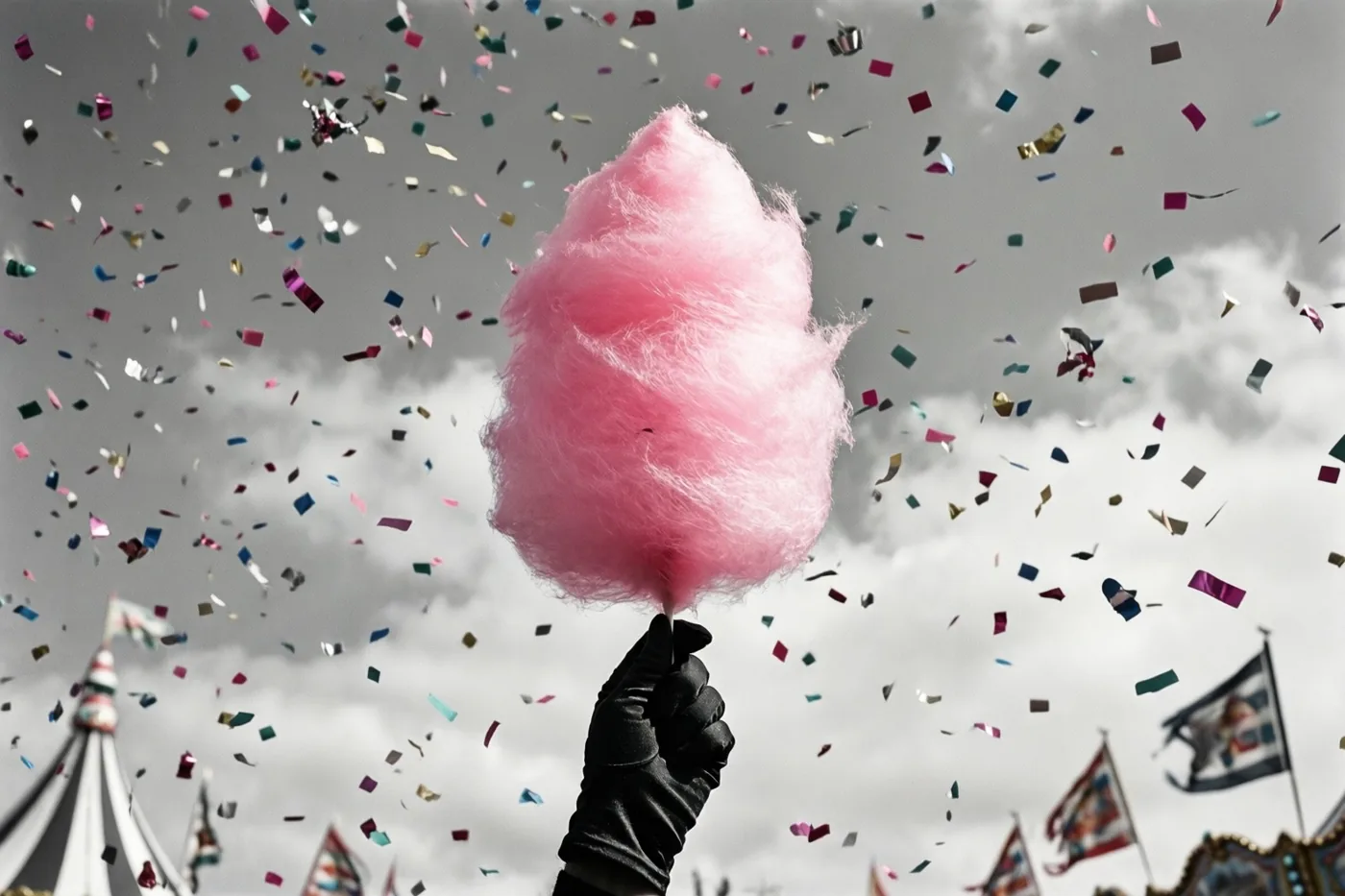 Een hand met een handschoen houdt een grote roze suikerspin vast onder een bewolkte lucht met vallende gekleurde confetti, met kermistenten en vlaggen op de achtergrond.