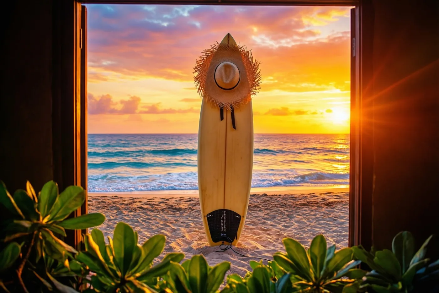 Door een open deuropening met donkere houten stijlen en groen op de voorgrond is een rechtopstaande surfplank met strohoed in het zand te zien, met een oranjegele zonsondergang boven zee.