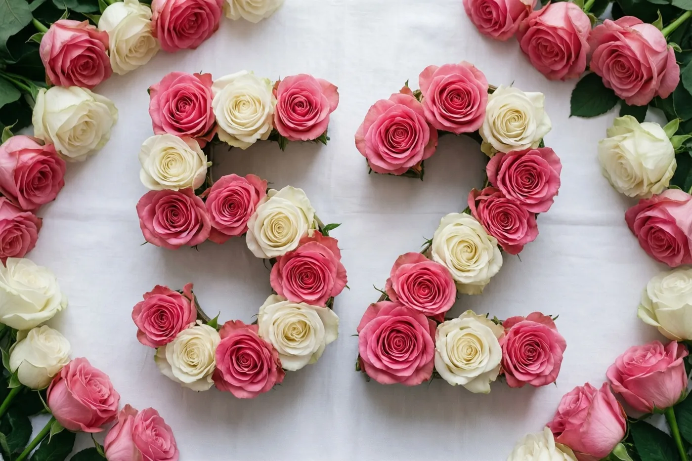 Roze en witte rozen liggen symmetrisch in de vorm van 52 in het midden van een wit tafelkleed, van bovenaf gezien.